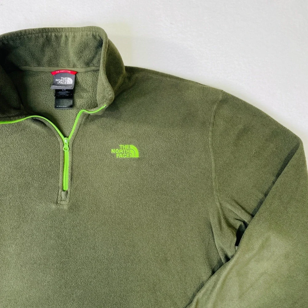 The North Face Mens L TKA 100 1/4 Zip Fleece Pullover Olive Green Neon Lime Logo